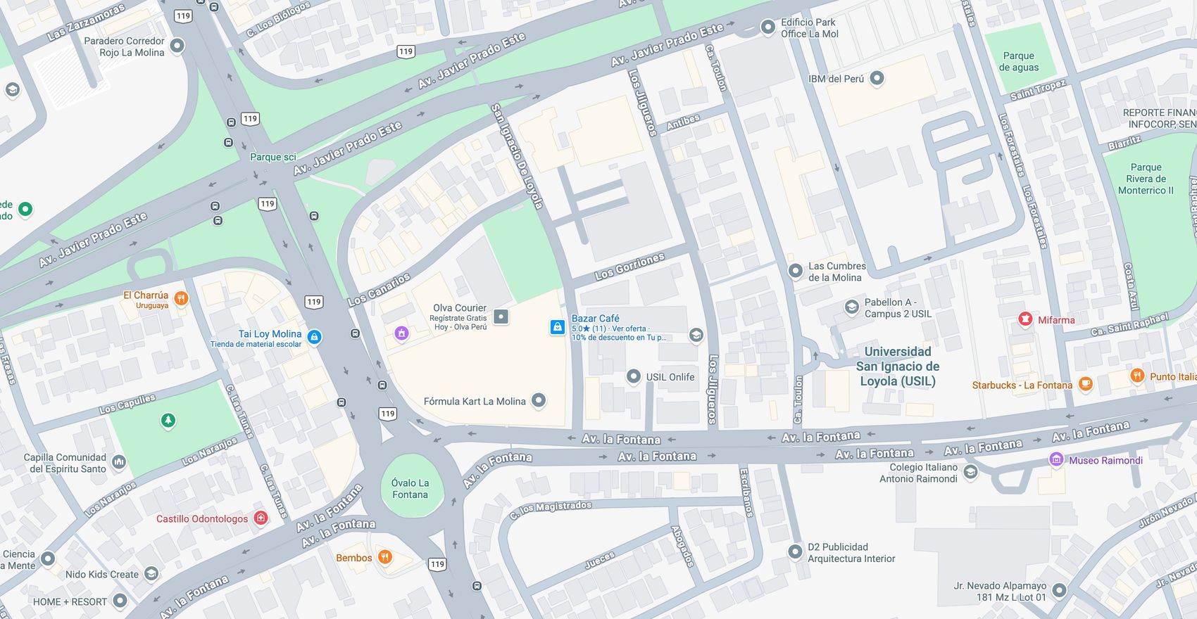 Google Maps capture of the La Fontana area in La Molina, Lima, with USIL Campus 1 and Campus 2, fourteen nearby restaurants and a supermarket marked